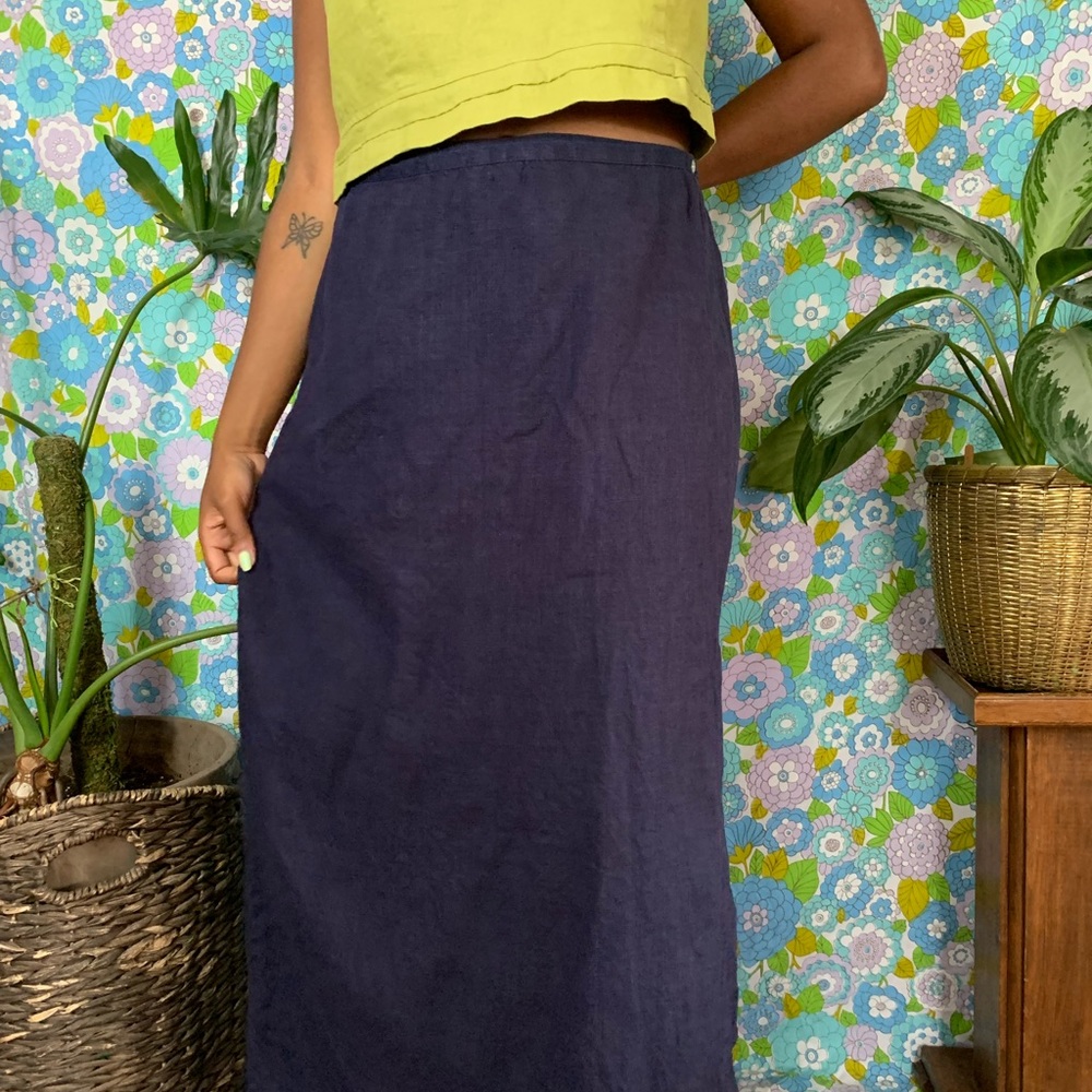 1990s navy linen long wrap skirt